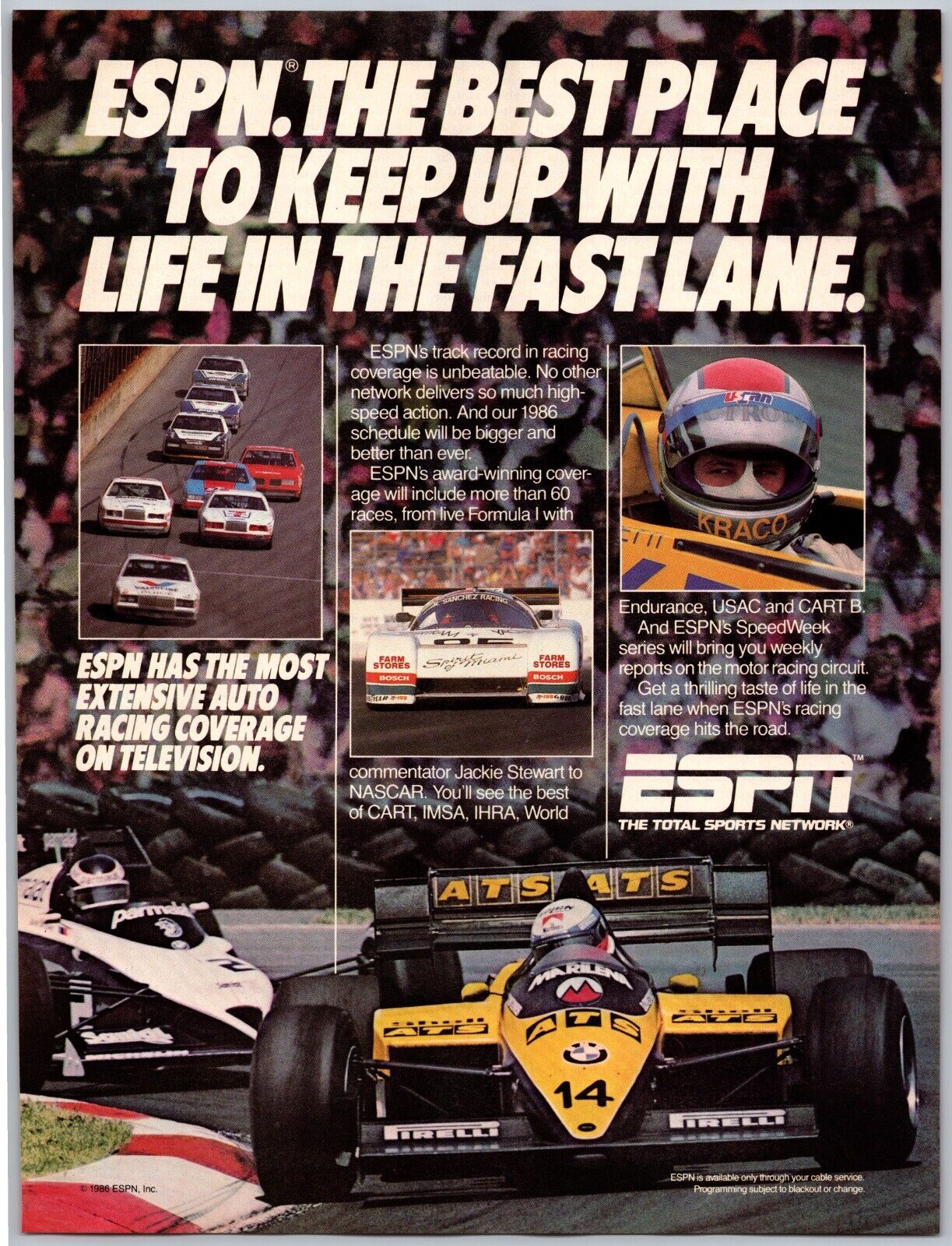 ESPN Total Sports Network Formula 1 Racing Vintage July, 1986 Full Page Print Ad