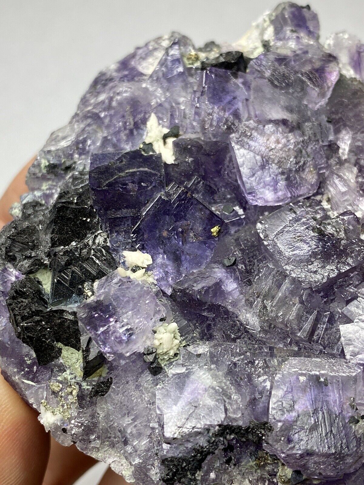 — Etched Purple Fluorite With Sphalerite, Calcite, And Pyrite— Dal’negorsk