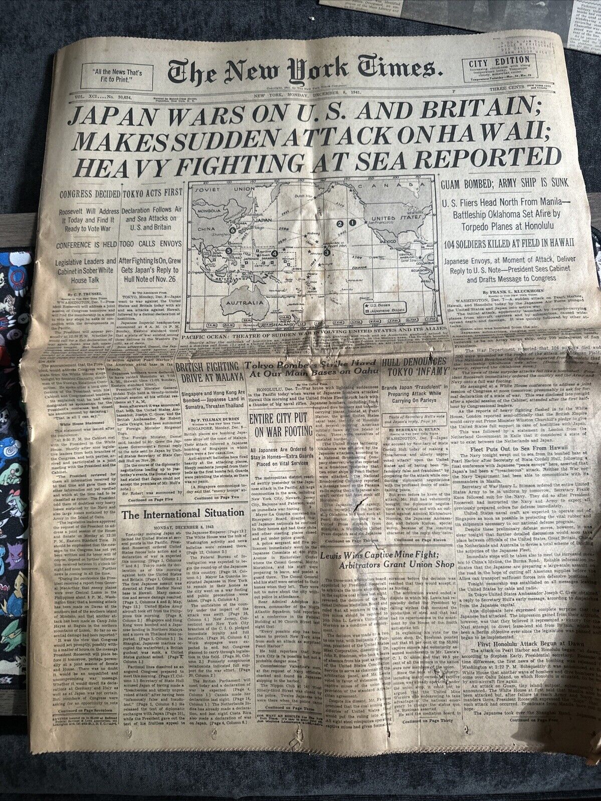 New York Times Japan War on U.S and Britain Monday December 8th, 1941