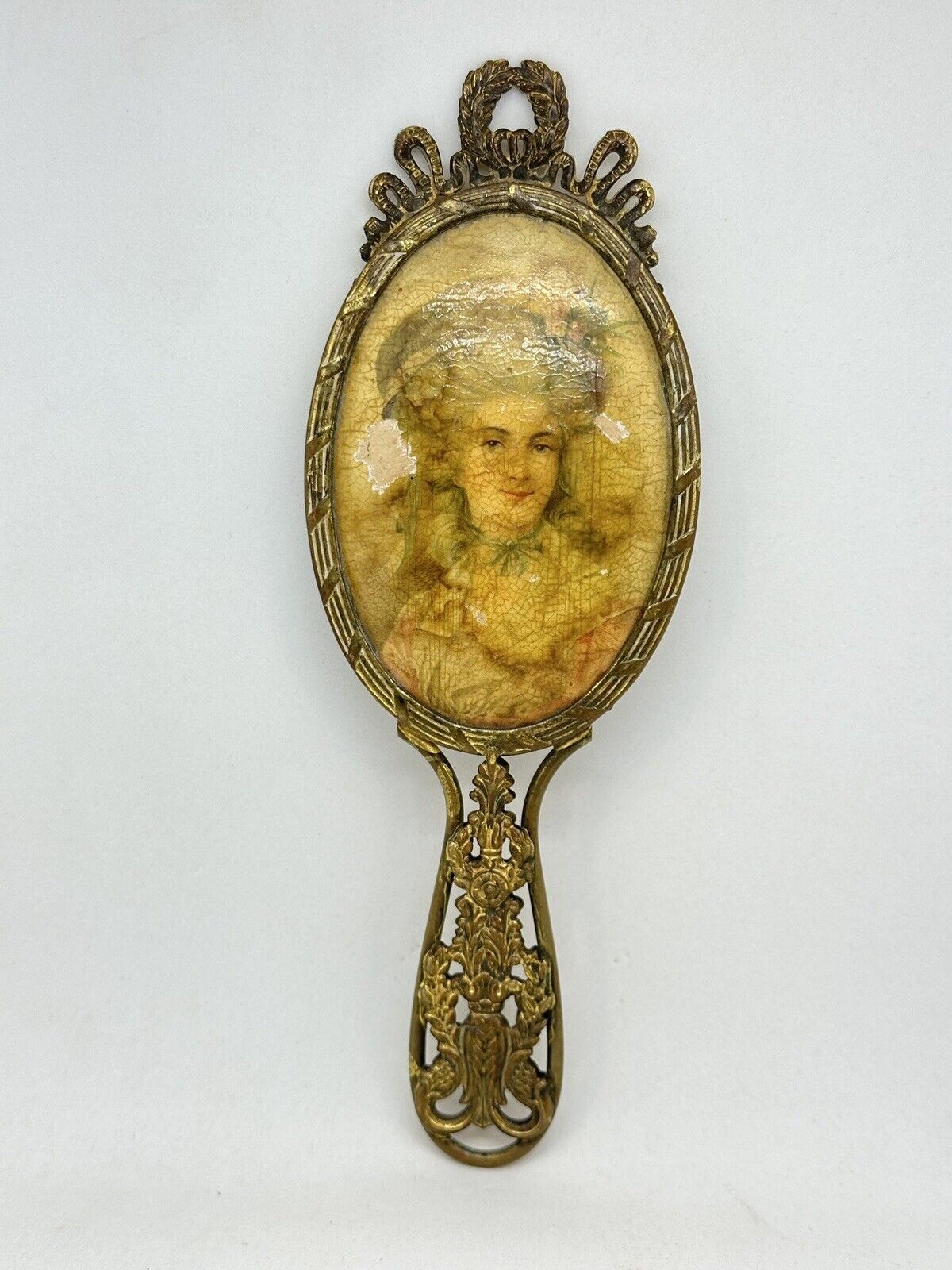 Antique 19th Century France Porcelain Watercolor Portrait & Bronze Hand Mirror