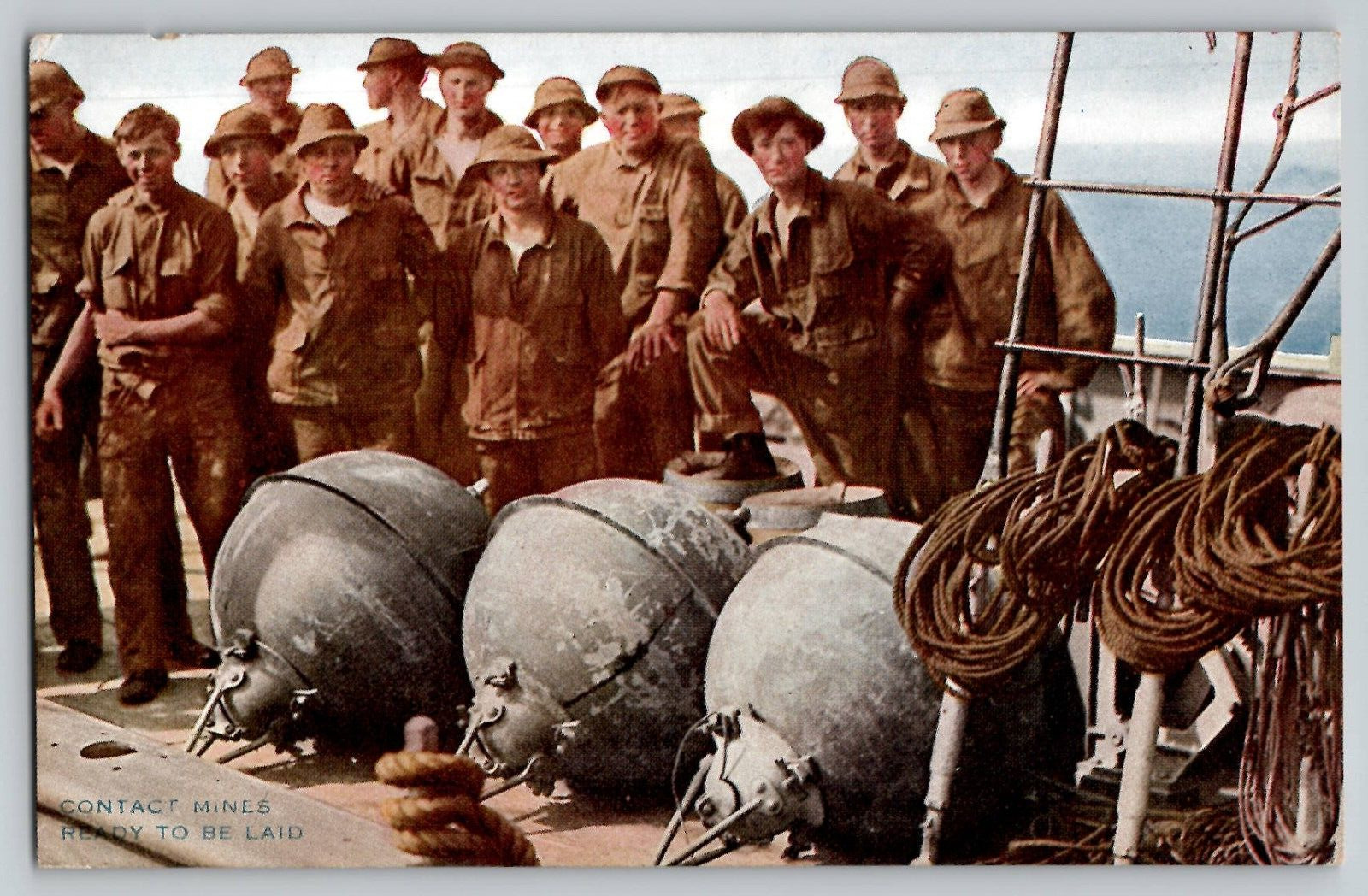 US Navy Deploying Contact Mines WWI WW1 Vtg Colortype Postcard No. 12 c 1910\'s