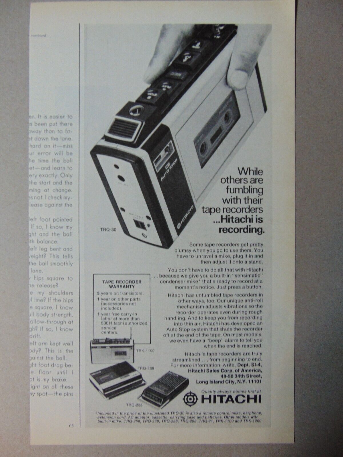 1972 HITACHI Tape Recorder Hand Held photo print ad