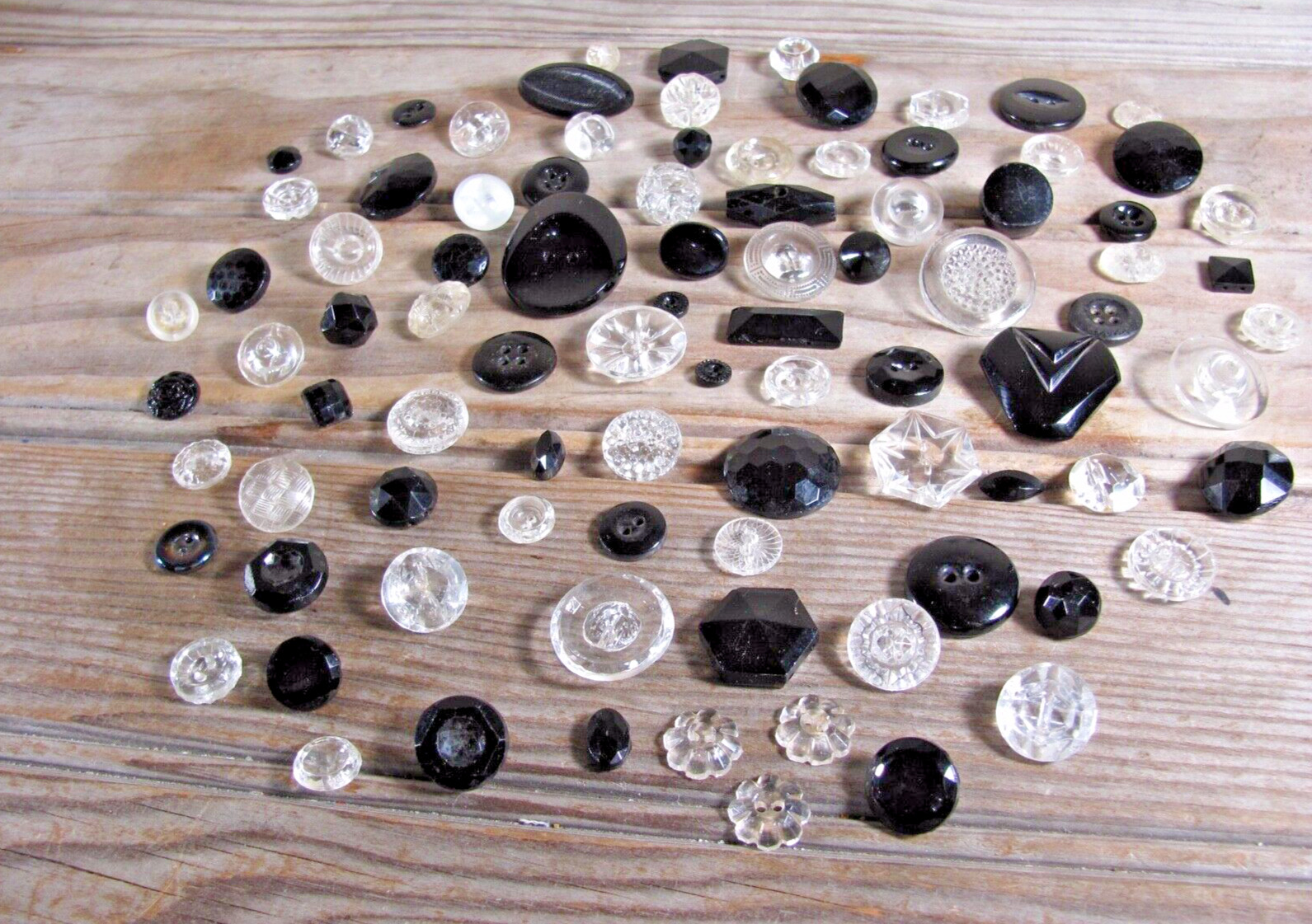 ATQ VTG Lot of 90 clear & black glass crystal buttons reverse facet fancy cut