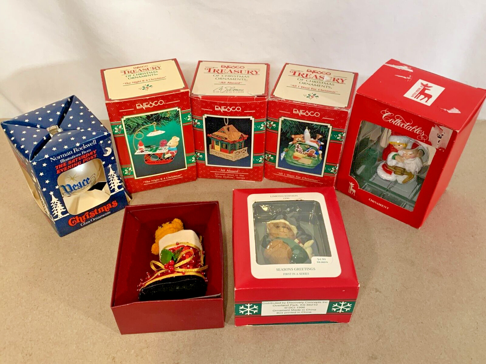 Enesco Rockwell Etc. Vintage Christmas Ornament Lot of 7 In Original Boxes