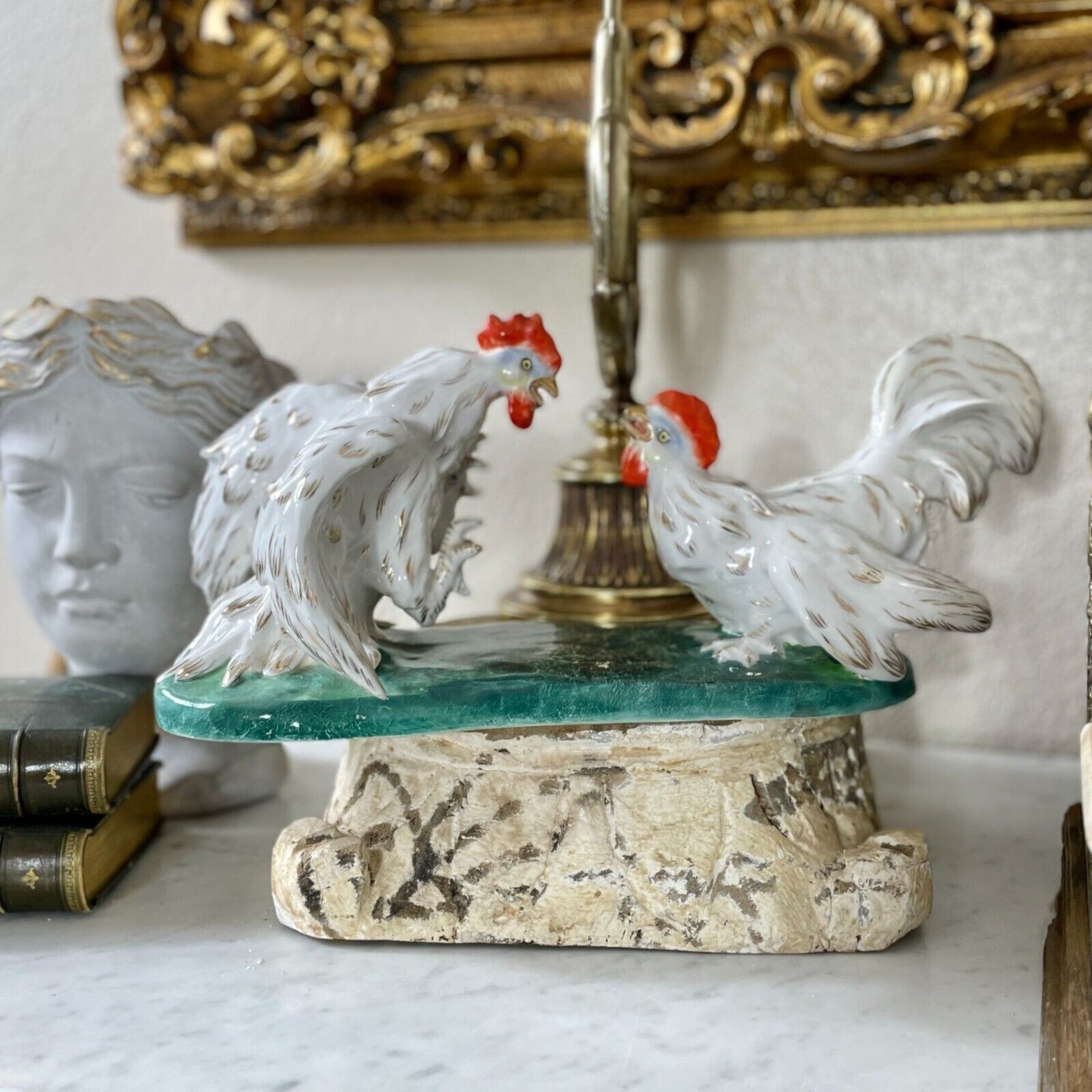 Vintage MCM Mid Century Modern Roosters Porcelain Statue Antique