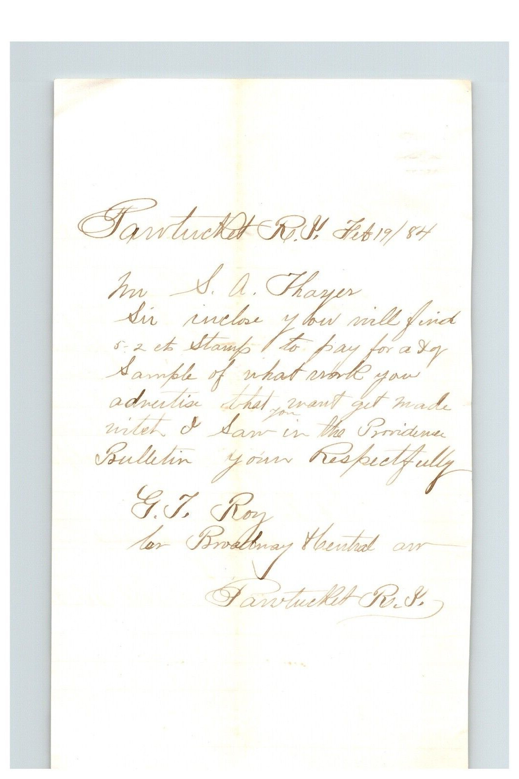 1884 Handwritten Letter GJ Roy Pawtucket RI Rhode Island Genealogy to SA Thayer
