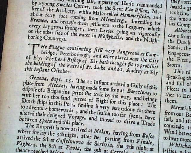 Rare 17th Century GREAT PLAGUE & London Fire Report 1666 Old England Newspaper