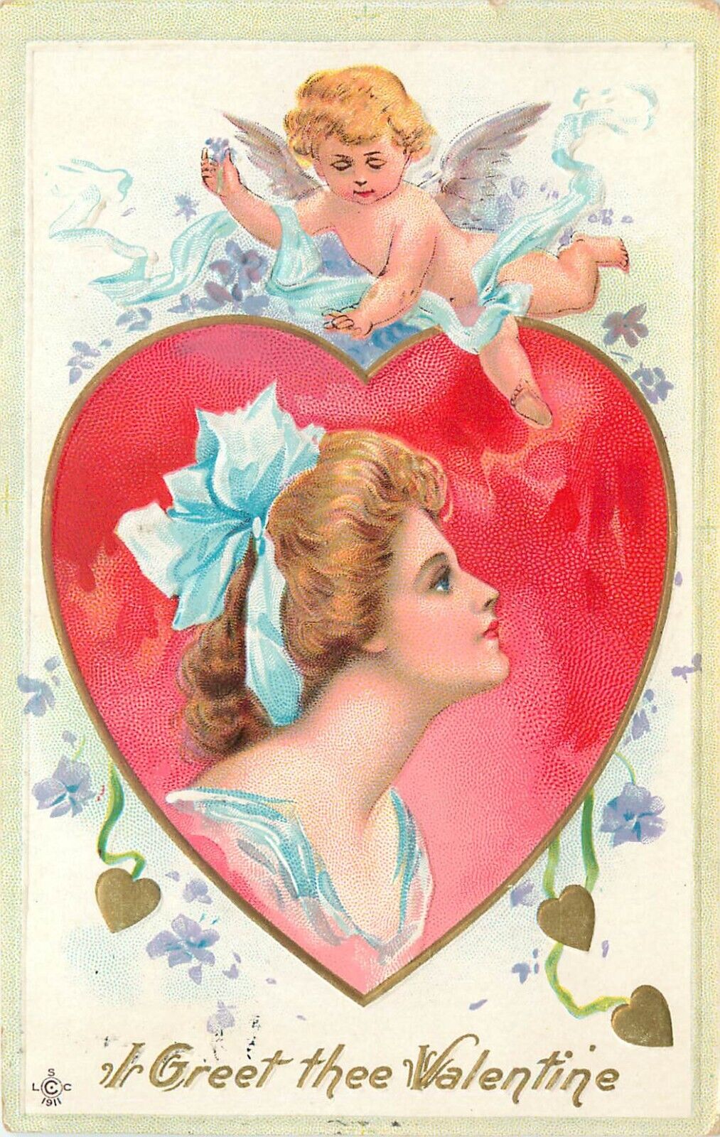 Stecher Valentine Art Postcard 239-B Beautiful Girl in Heart Vignette, Cupid