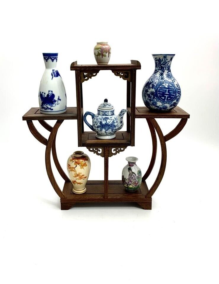 Oriental Wood Stand 6 Miniature Collectibles Vases Tea Pot Vintage Asian Decor