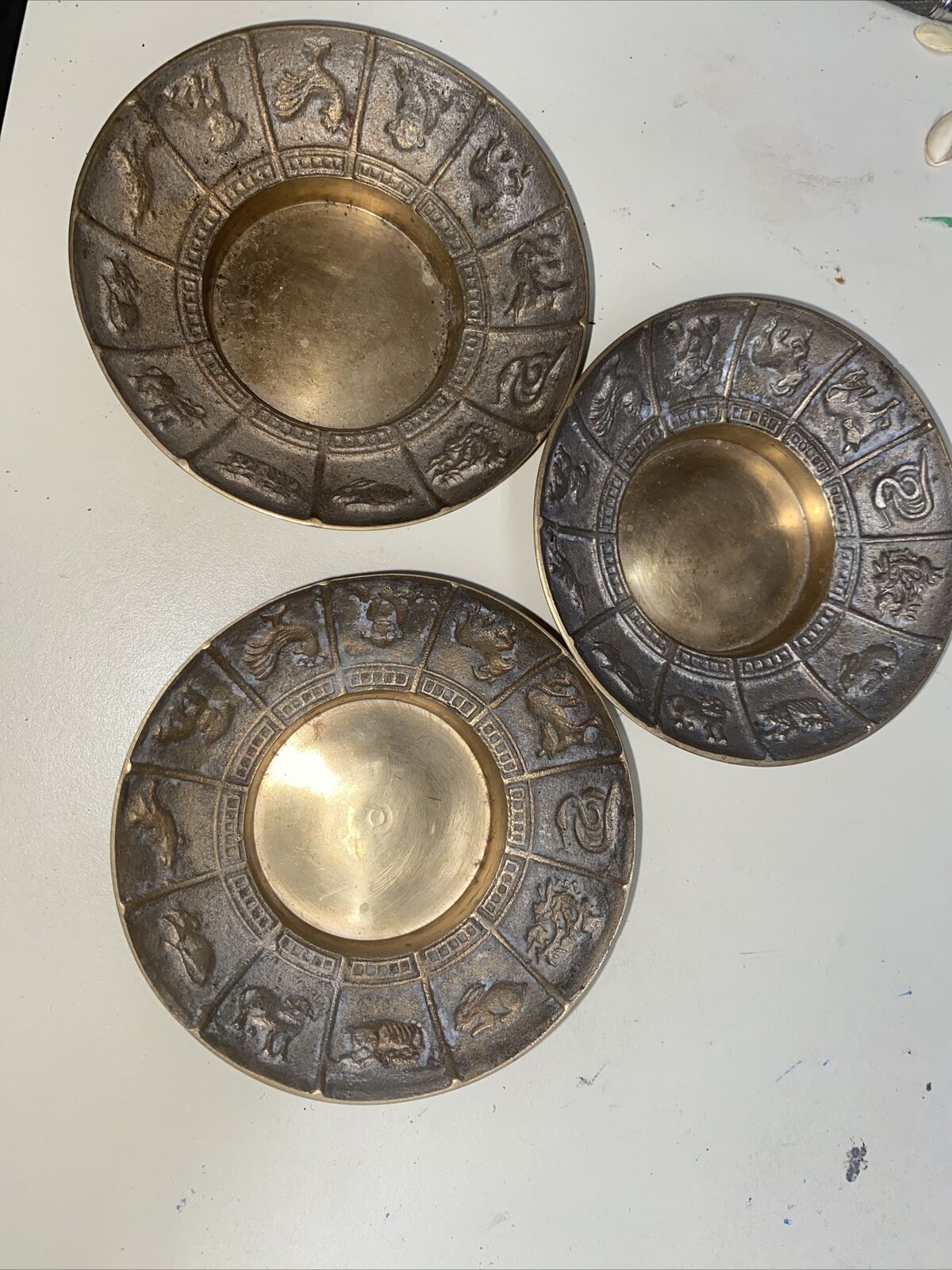 Lot Of 3 Vintage Korean Brass Zodiac Astrology Ashtray Trinket Dish