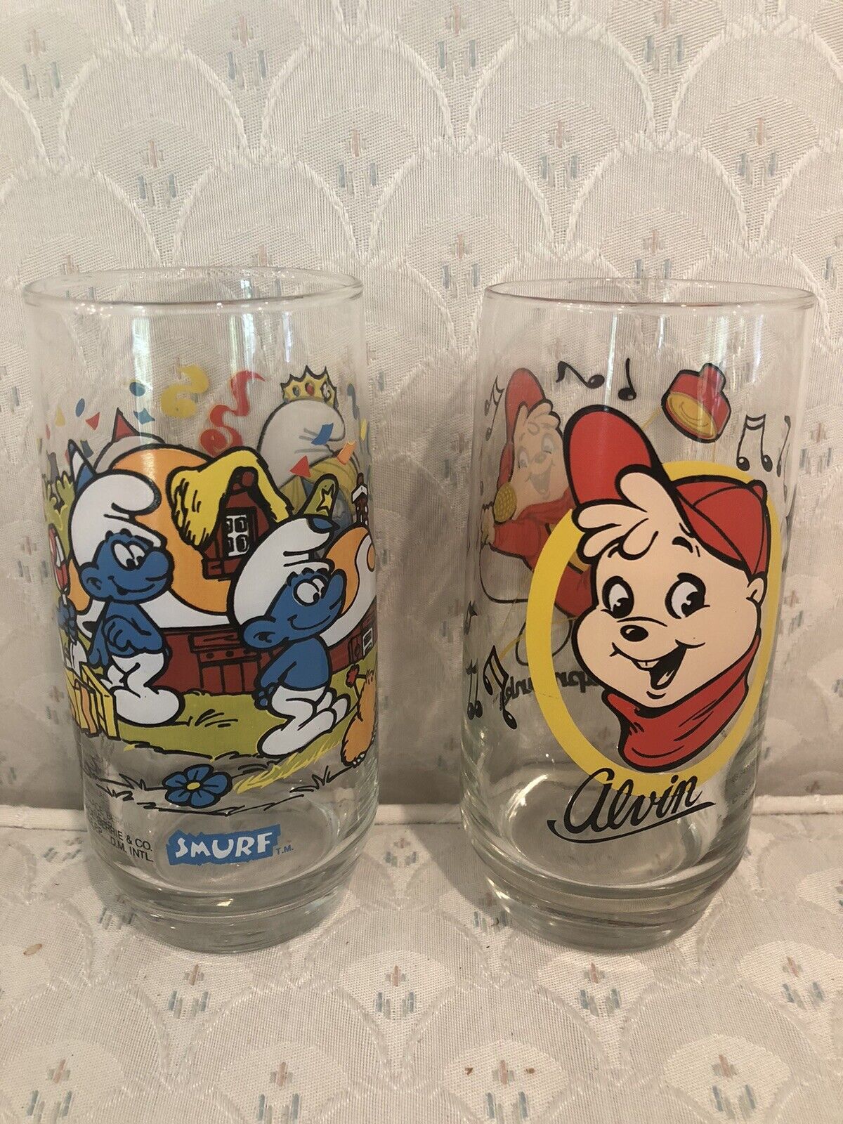 Vtg 1980’s Alvin And Smurf Drinking Glasses. Set Of Two