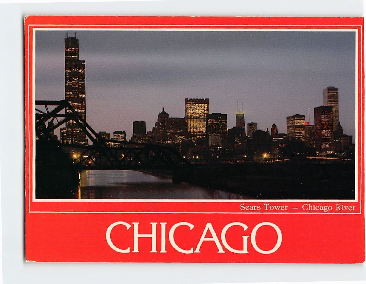 Postcard Sears Tower Chicago River Skyline Dusk Illinois USA North America