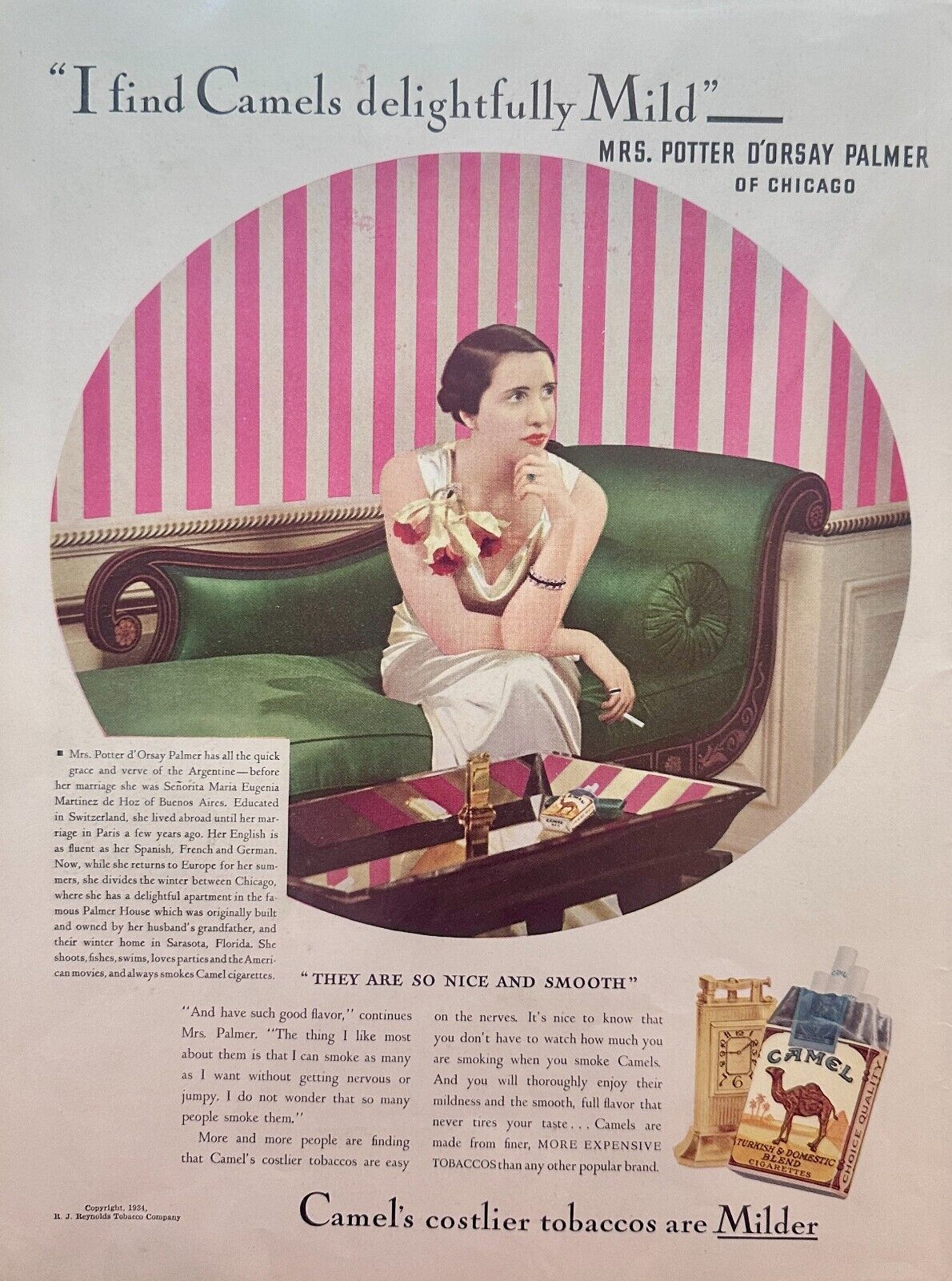 1934 Camel Cigarettes - Mrs. Potter D\'orsay Palmer - Reynolds Tobacco - Advert