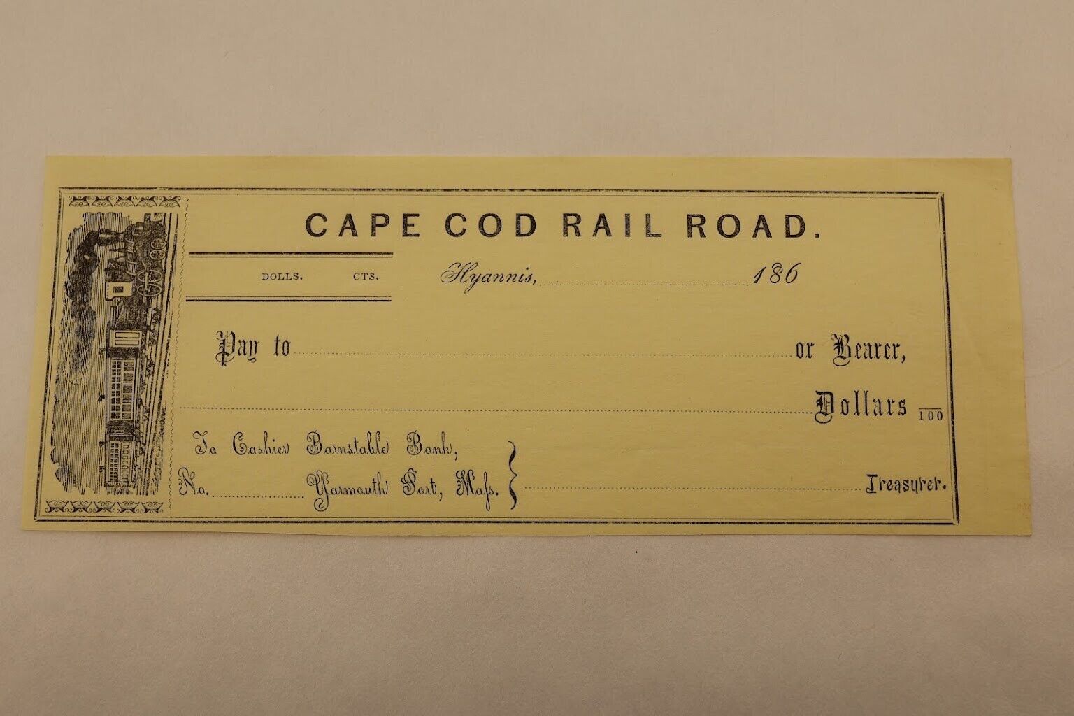 Vintage Illustrated Unused Bank Check, Cape Cod Railroad, Barnstable Bank 1860s