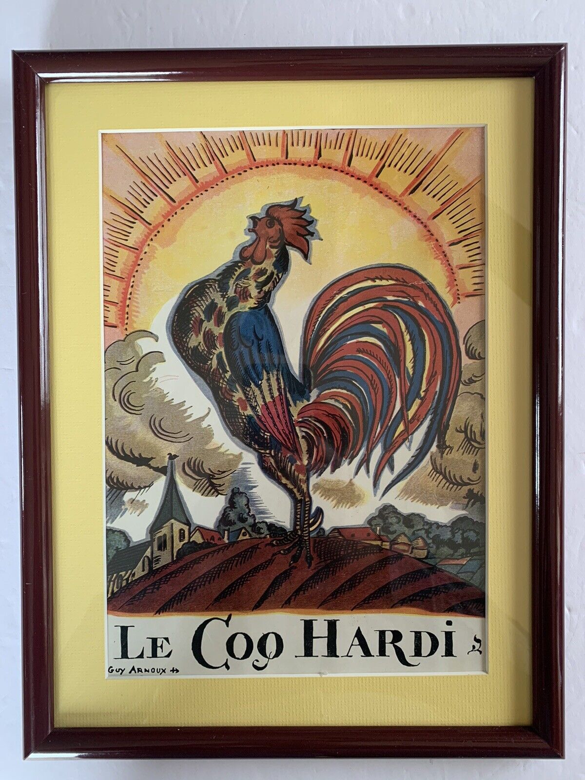 Framed Le Coq Hardy Menu-French Restaurant Cover Bougival France 15” X 11.5”