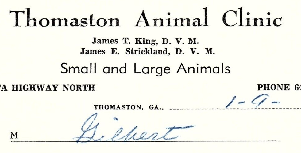 1967 THOMASTON GA THOMASTON ANIMAL CLINIC ATLANTA HWY BILLHEAD INVOICE Z905