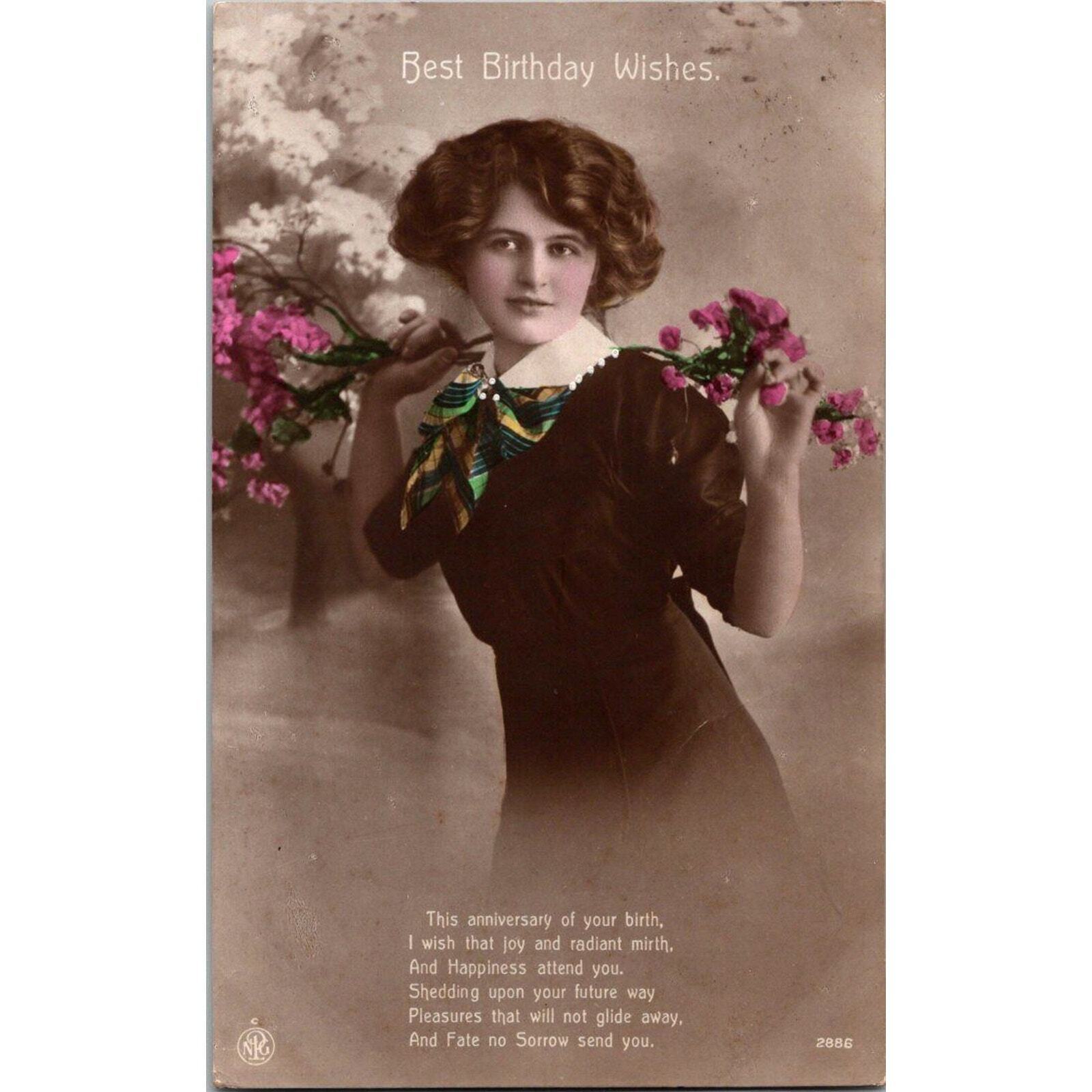 Vintage Edwardian Postcard Woman with Flowers Best Birthday Wishes Poem 1900\'s