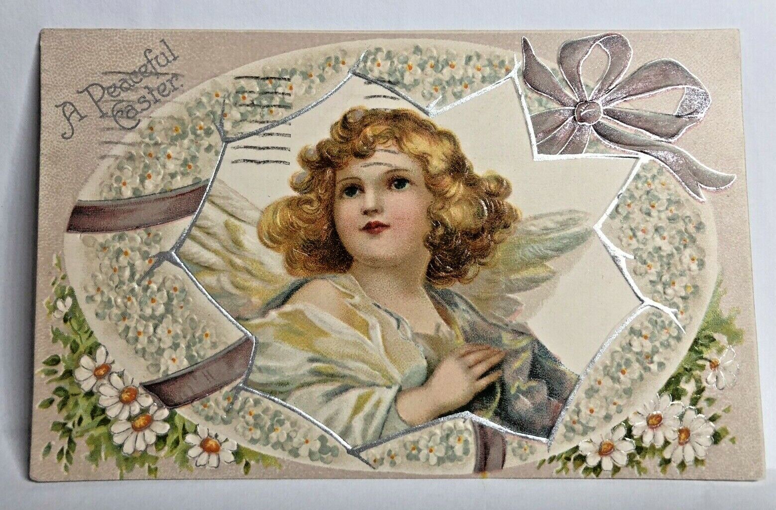 C.1909 Beautiful Portrait Angel Inside Large Easter Egg Bow Postcard  