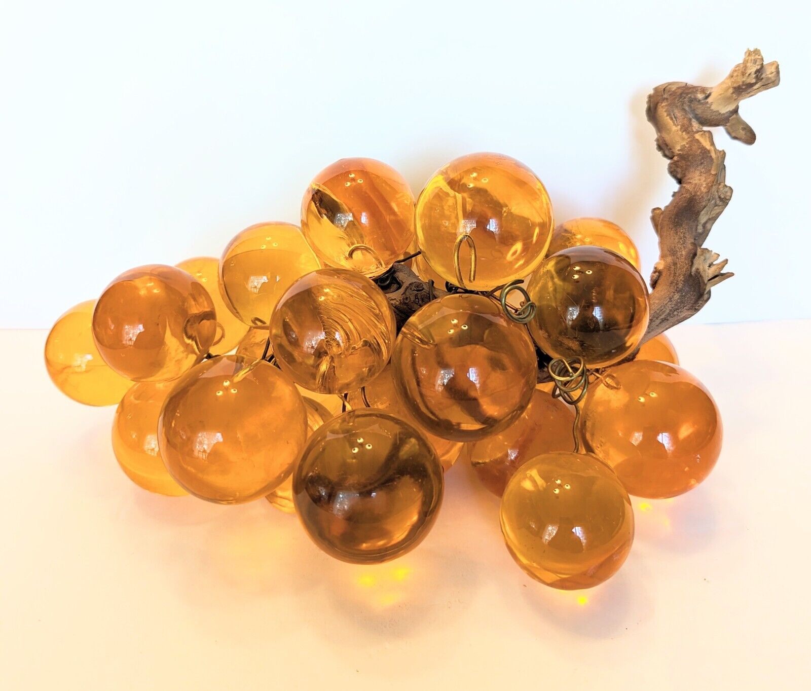 Lucite Acrylic Vintage Grapes Orange Amber Cluster On a Wood Branch MCM 12” 