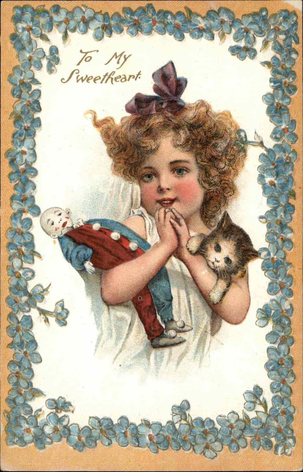 Little Girl Kitty Cat Pierrot Doll Unsigned Frances Brundage c1910 Postcard
