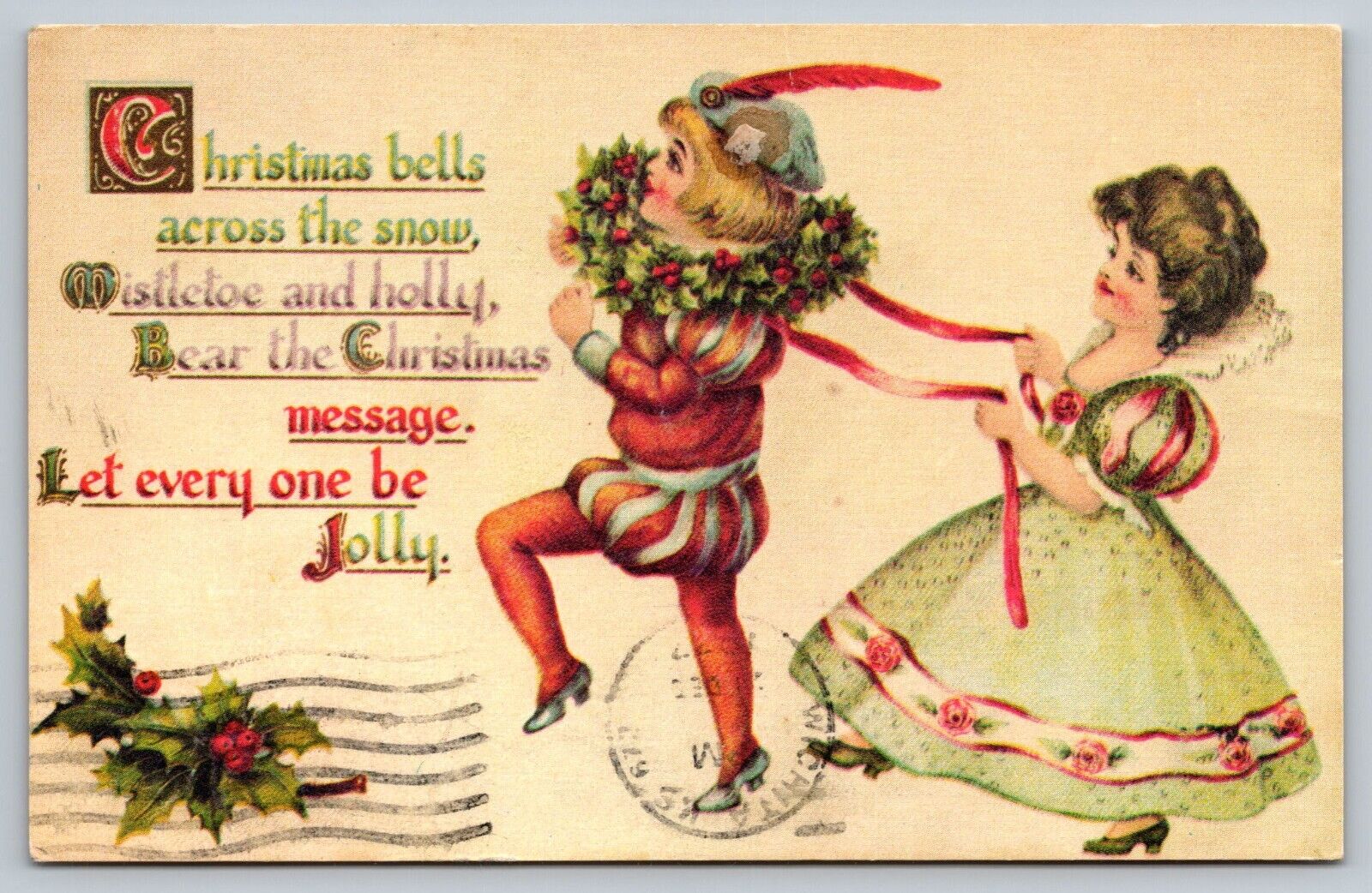 Christmas Boy Tights Girl Wreath Holly Mistletoe Gown Hat Costume Postcard