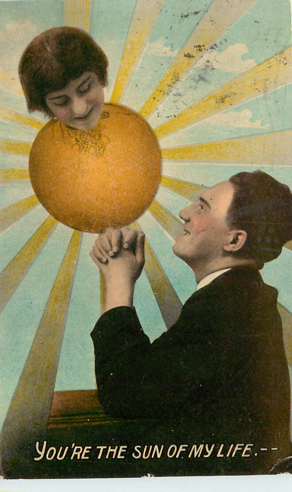 Abstract Romance Postcard Woman\'s Head on Orange Sun, You Are the Sun In My Life