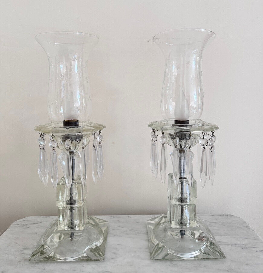Pair Vintage 1940's  Etched Clear Glass Electric Hurricane Table Lamps Prisms