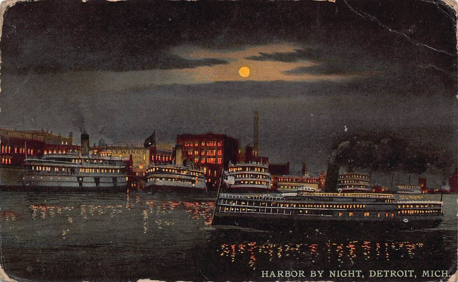 Detroit MI Michigan J.T. Wing Advertising Sign Harbor Moonlight Vtg Postcard P2
