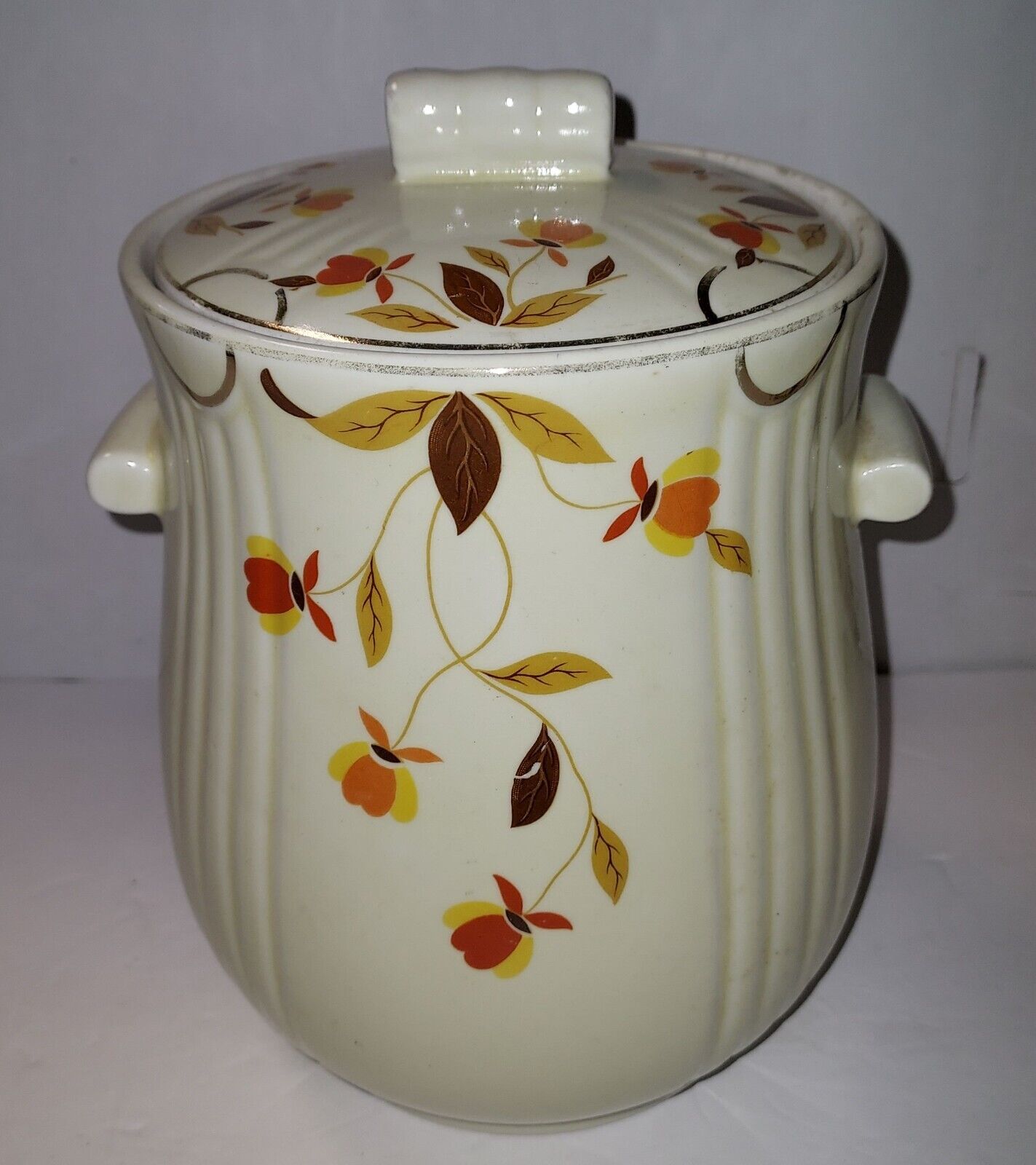 Hall's Superior China Jewel Tea Autumn Leaf Rayed Cookie Jar Lid Canister VTG