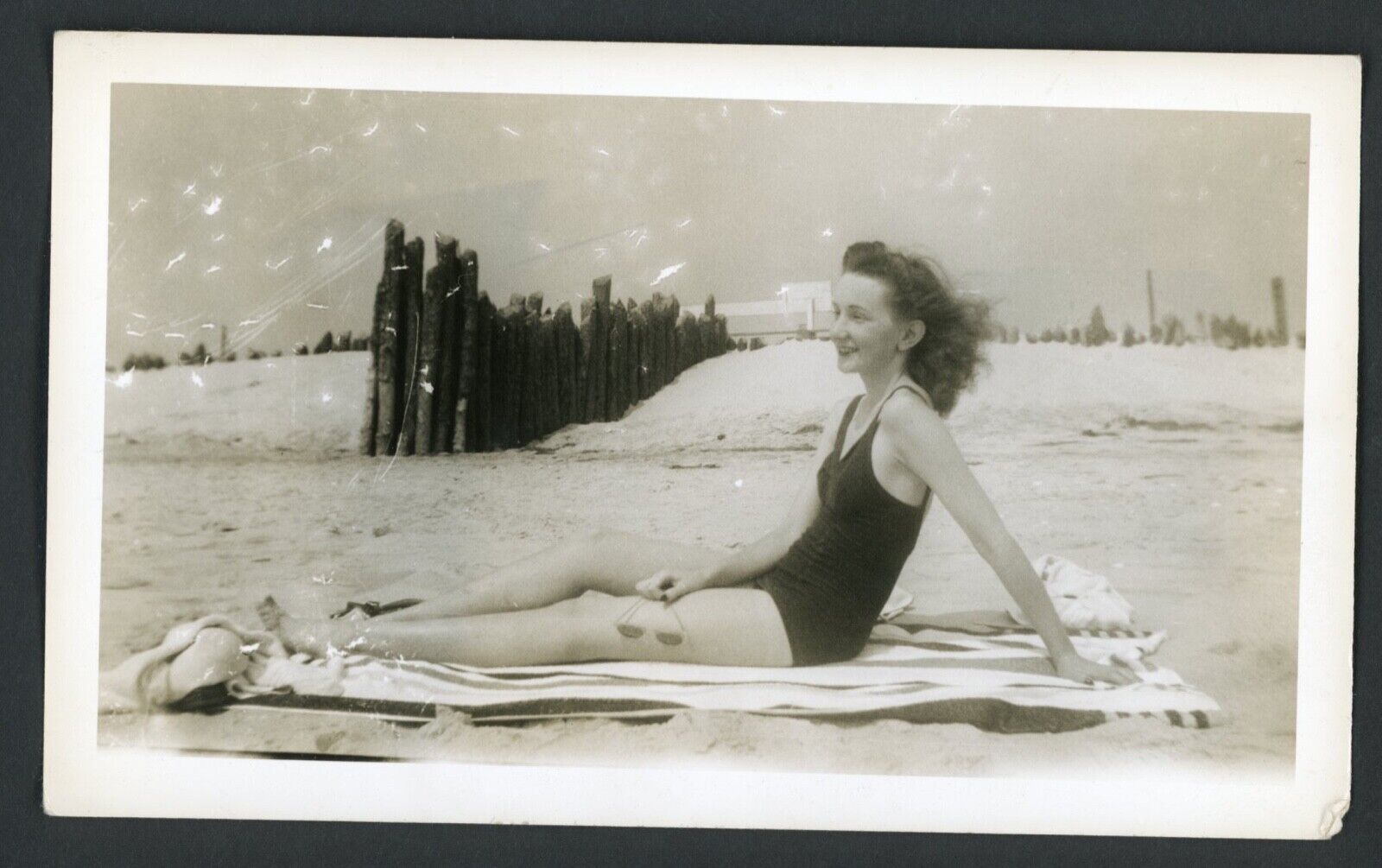 Leggy Swimsuit Woman Sunbathes on Windy Beach Photo 1940s Summer Legs Toes