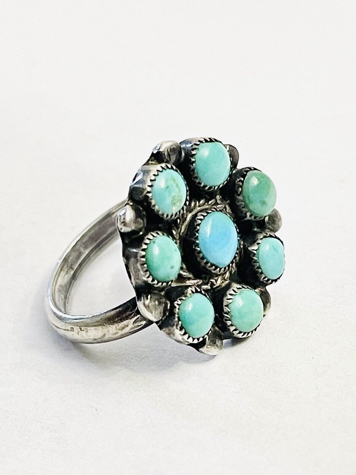 Vintage Zuni Sterling Coin Silver Natural Turquoise Cluster Ring Beautiful 6.5