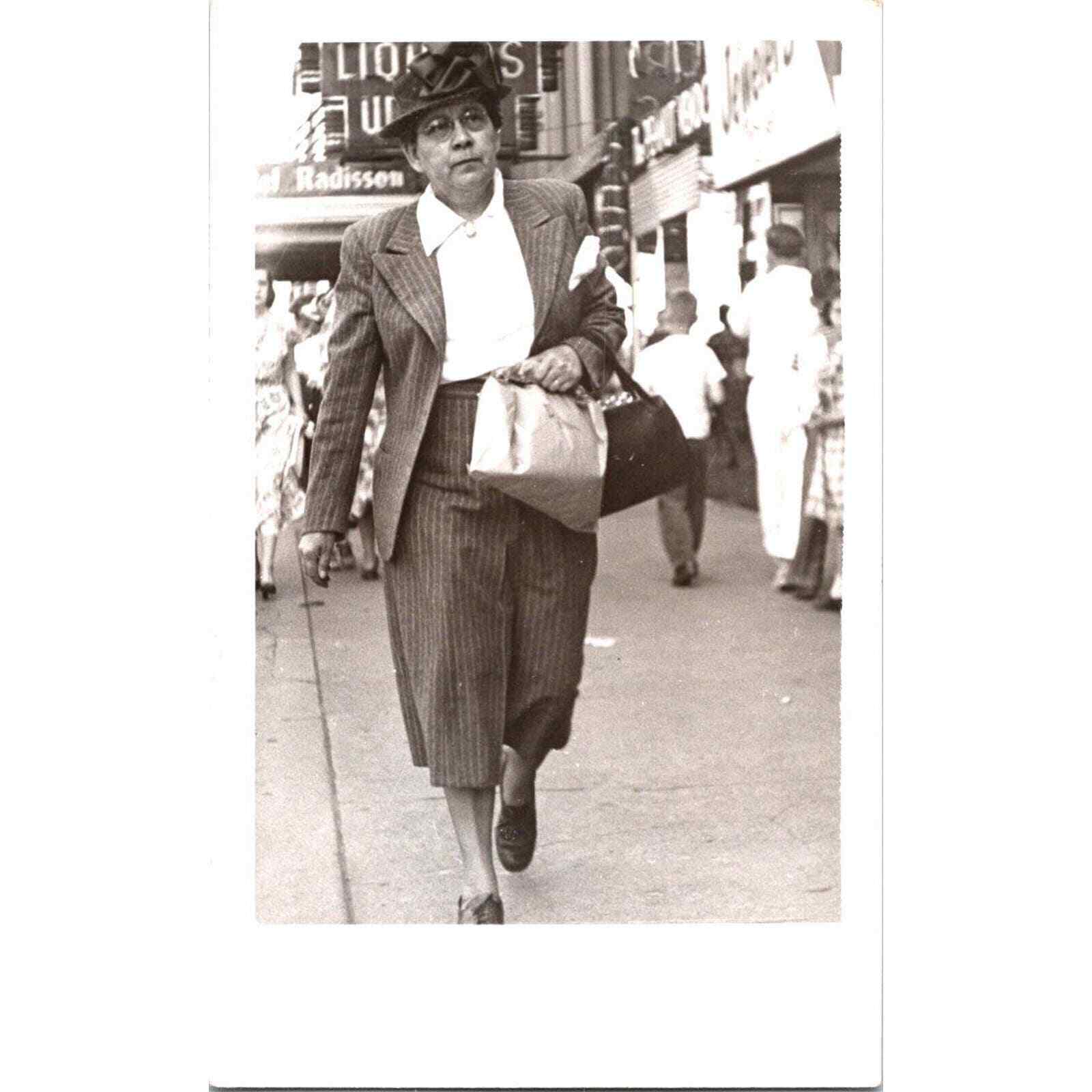 Vintage Postcard Woman in Suit With Hat Carrying Bag In City 1949 RPPC Downtown