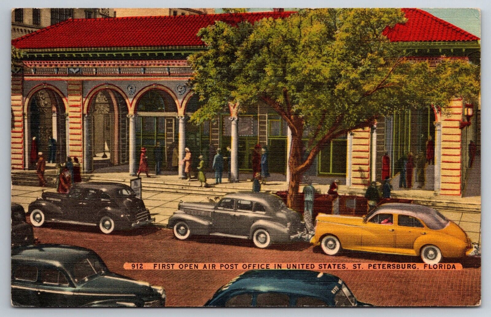 Vintage Postcard FL St. Petersburg Open Air Post Office Old Cars 40s c1950 -2834