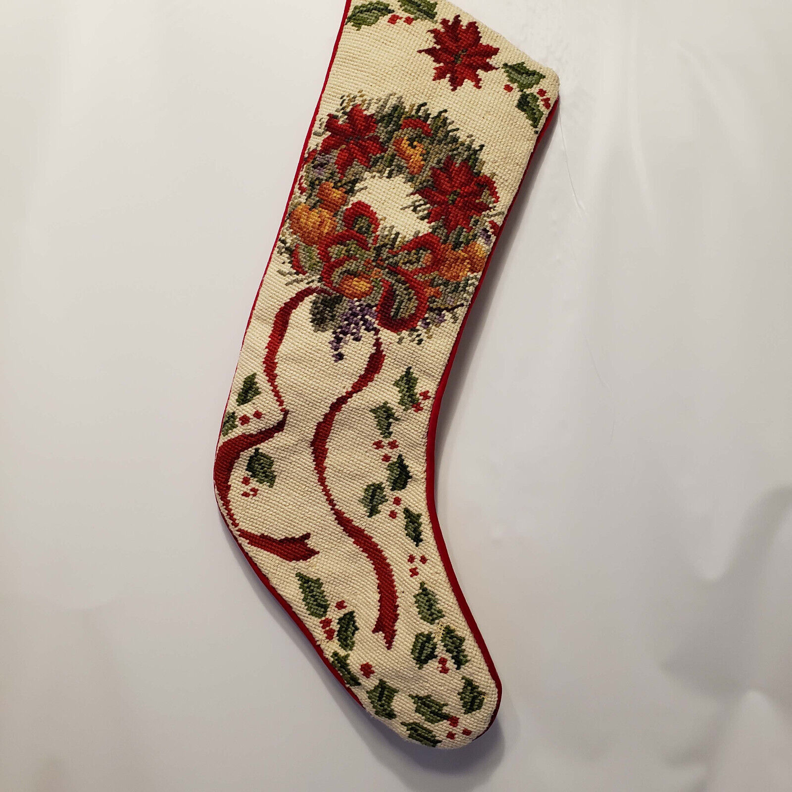 Vintage Needlepoint Christmas Stocking Wreath multi color READ has flaws 
