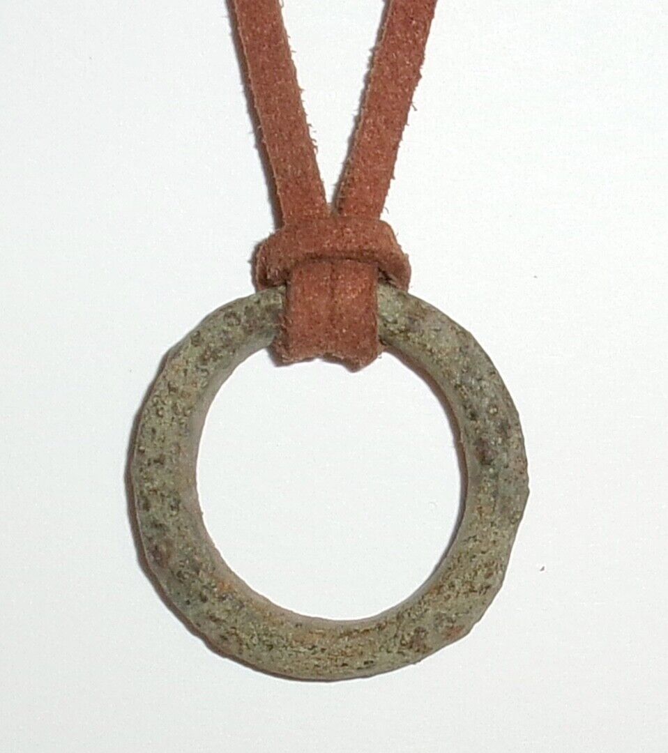 Ancient Celtic Bronze Money Ring on Suede Leather Necklace 18”