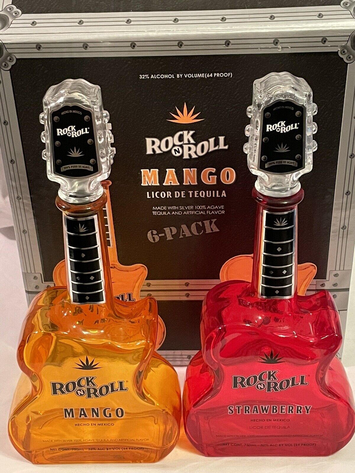 Rock N Roll Tequila Mango and Strawberry Gibson Guitar Bottles w Original Box