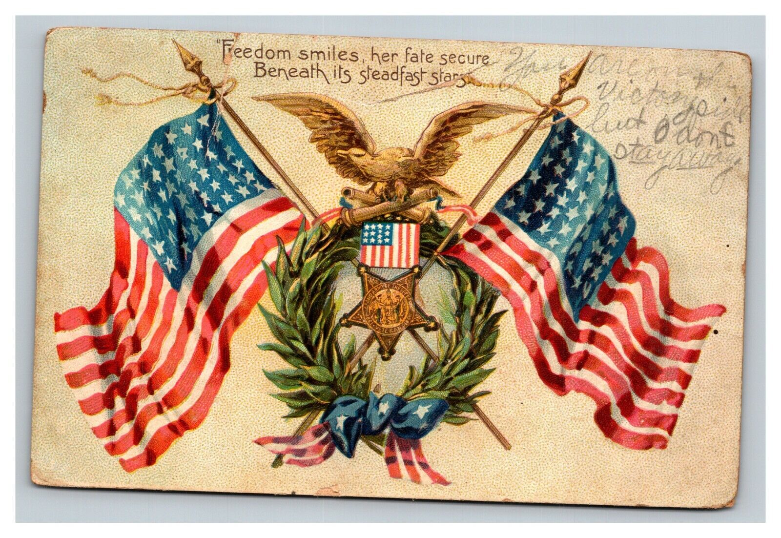 Vintage 1907 Tuck\'s Patriotic Postcard American Flags Wreath Golden Eagle NICE