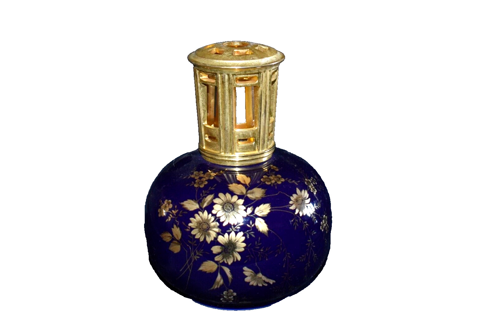 LAMPE BERGER Fragrance Oil Lamp Artoria Limoges France Cobalt Blue Gold Flowers