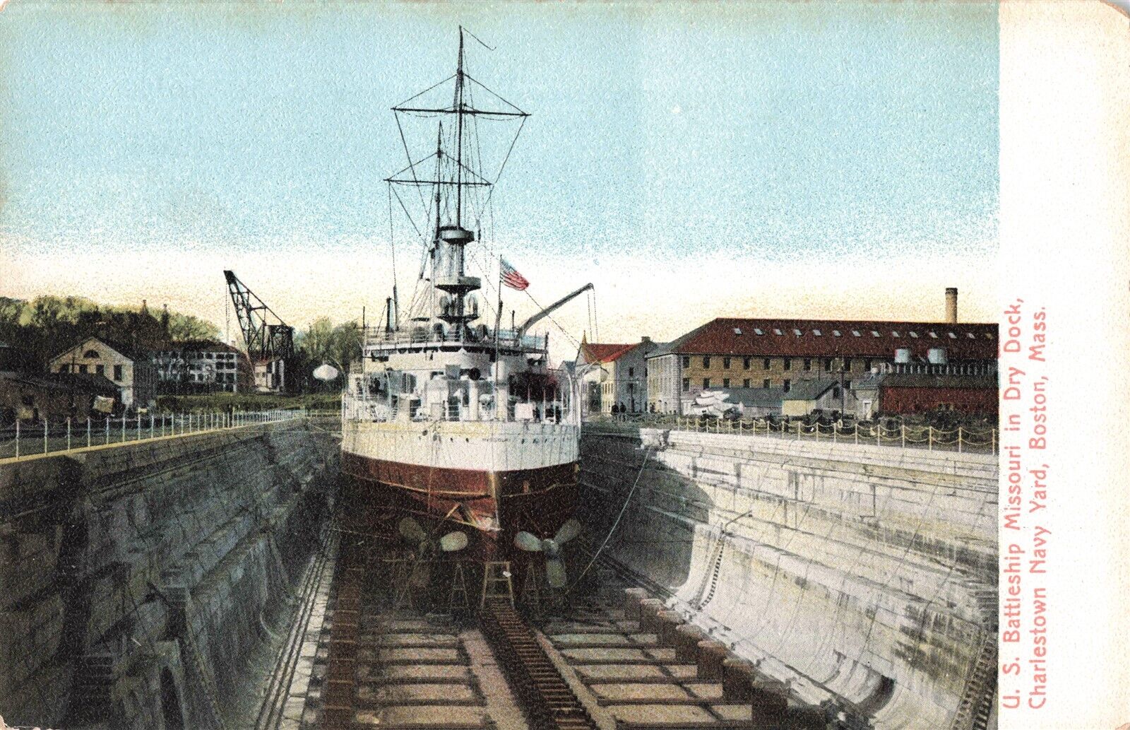 U.S. Battleship Missouri in Dry Dock Charlston Navy Yard Boston MA Postcard B492