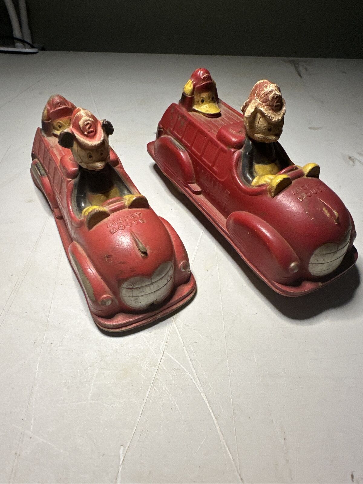 Pair Of  Walt Disney 1930's Mickey Mouse w/Donald Duck Red Fire Truck Sun Rubber