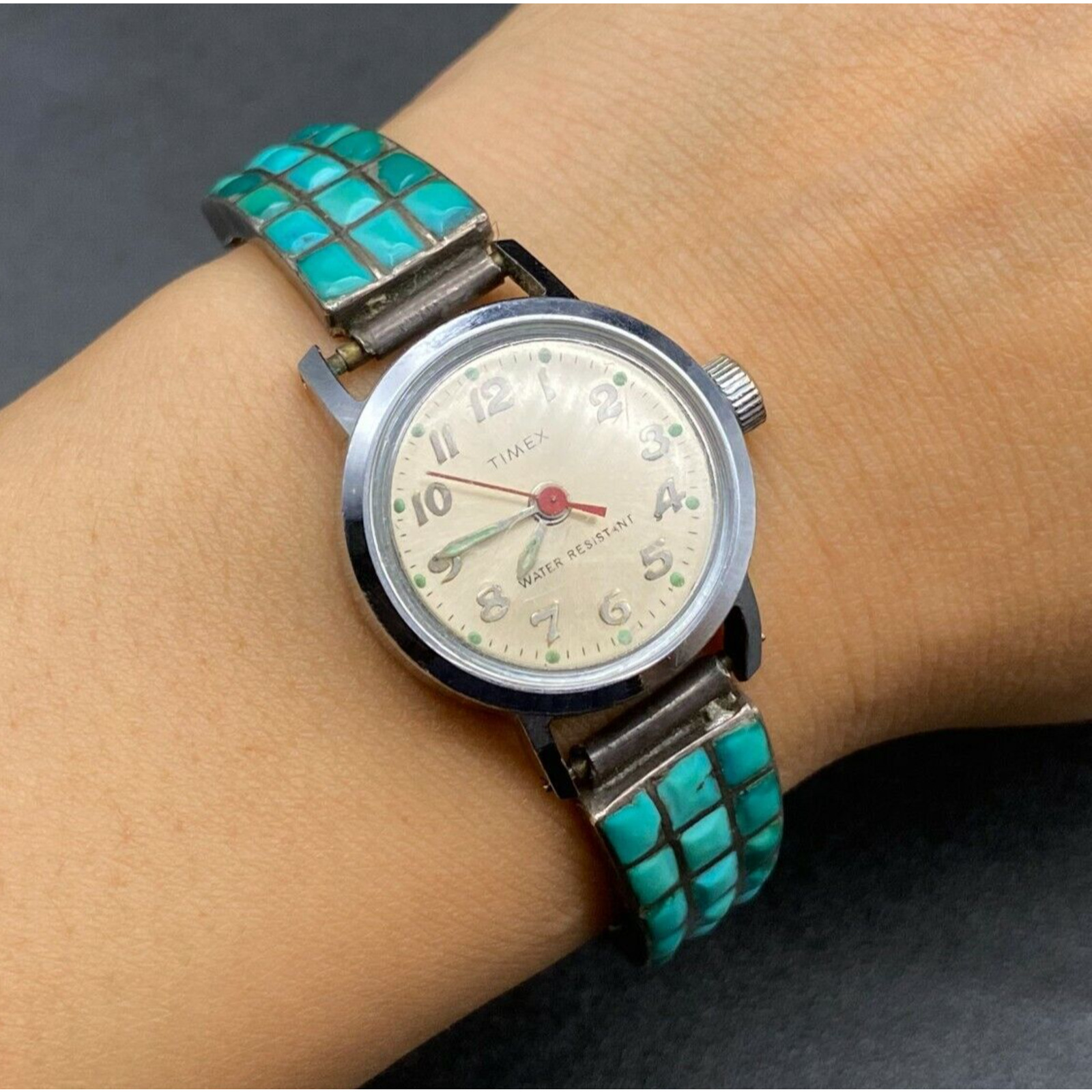 Vintage Zuni Native Turquoise Silver Watch Bracelet Timex