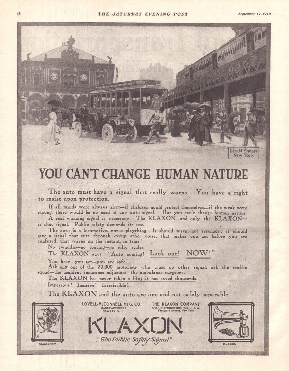 1910 Klaxon Public Safety Signal Car Horn Print Ad Trolly Herald Square New York