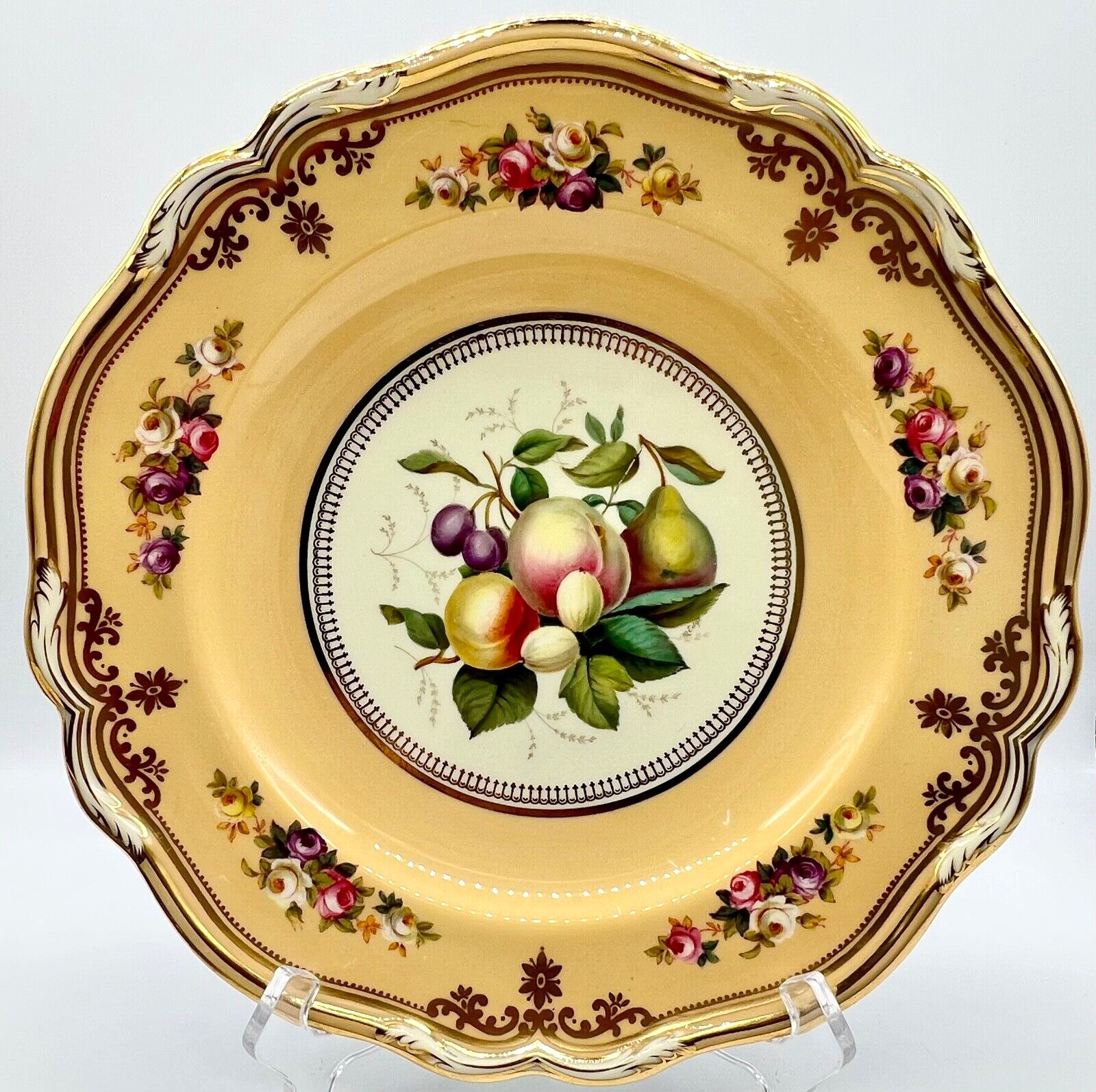 RARE & BEAUTIFUL c1891 SPODE COPELAND CABINET PLATE, FRUITS, ROSES; Y947