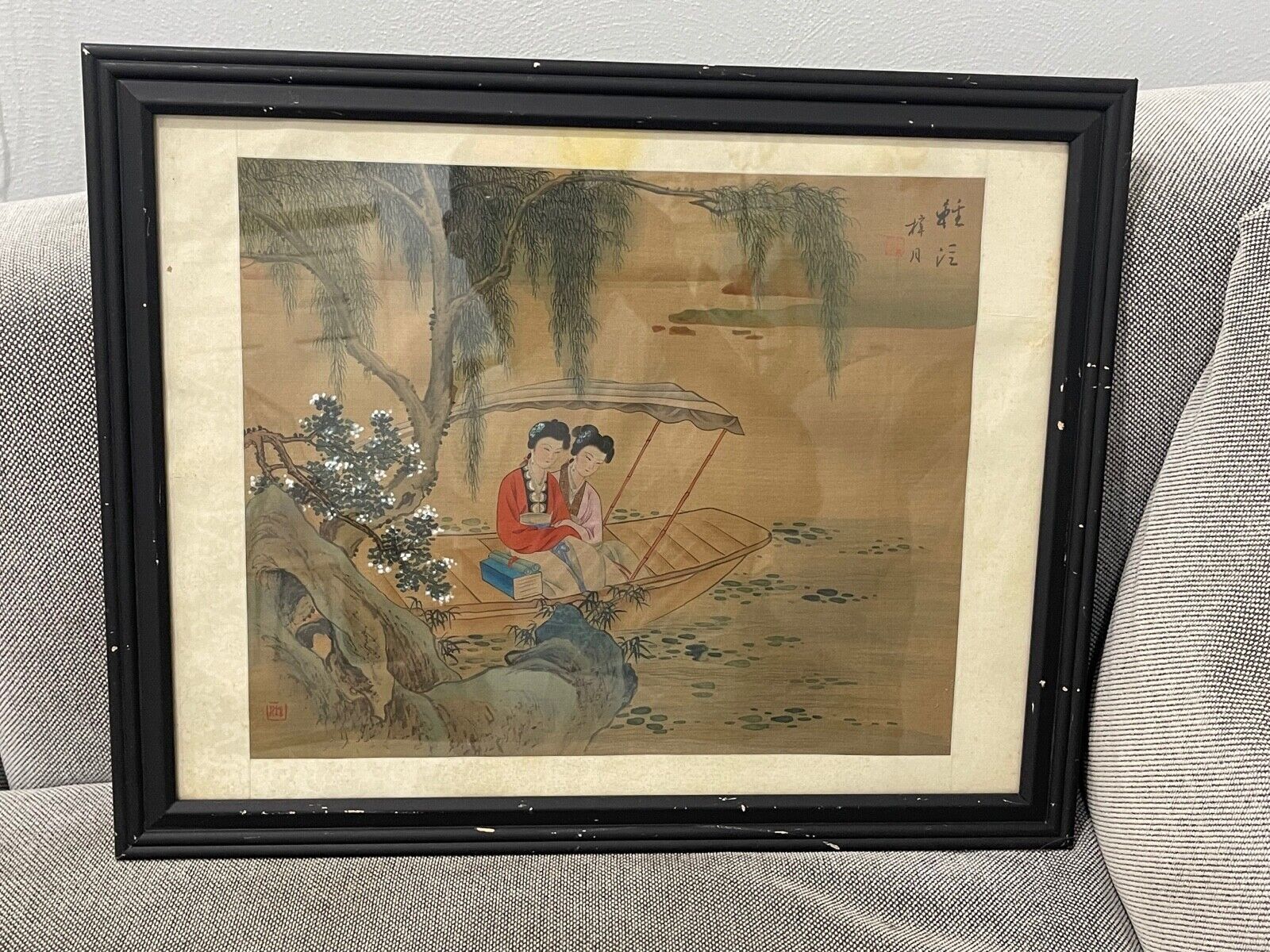 Chinese Unknown Age Signed Painting on Silk or Fabric Two Women on Boat