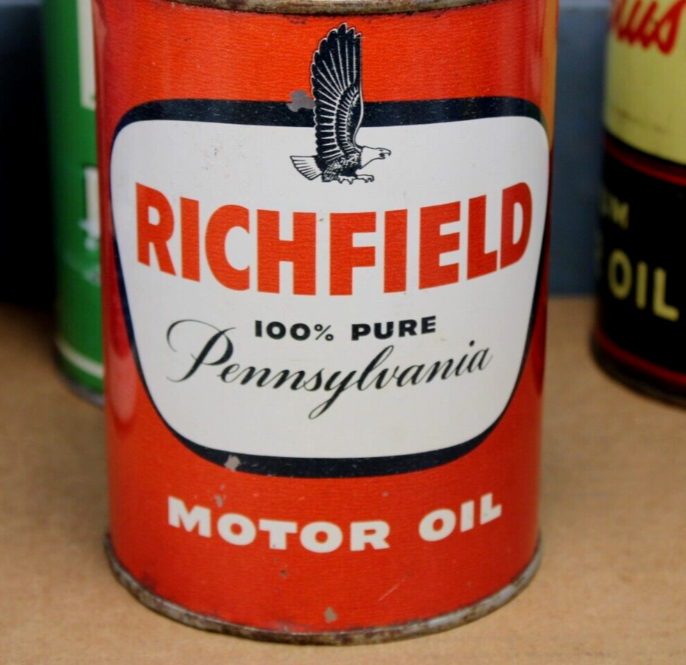 RARE * early 1950s era RICHFIELD 100% PENNSYLVANIA MOTOR OIL Old 1 qt. Metal Can