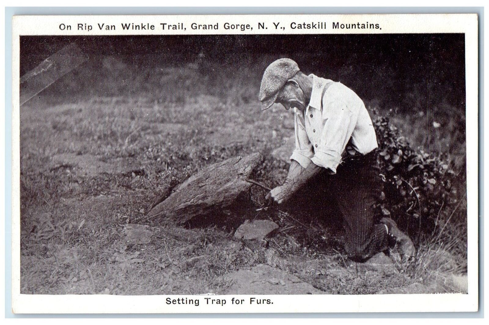 Grand Gorge New York NY Postcard On Rip Van Winkle Trail Setting Trap c1920\'s