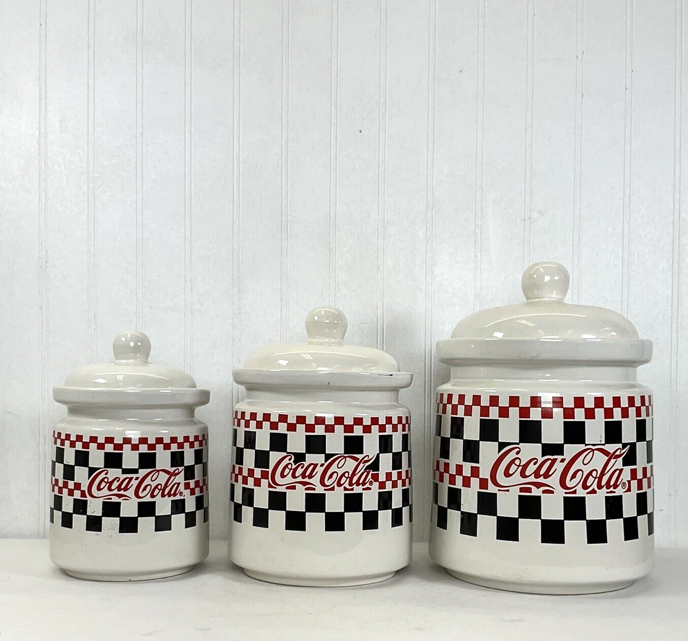 VTG Coca Cola 3 Piece Cookie Jar Set | Gibson | Black/Red/White/Checkered | 1997