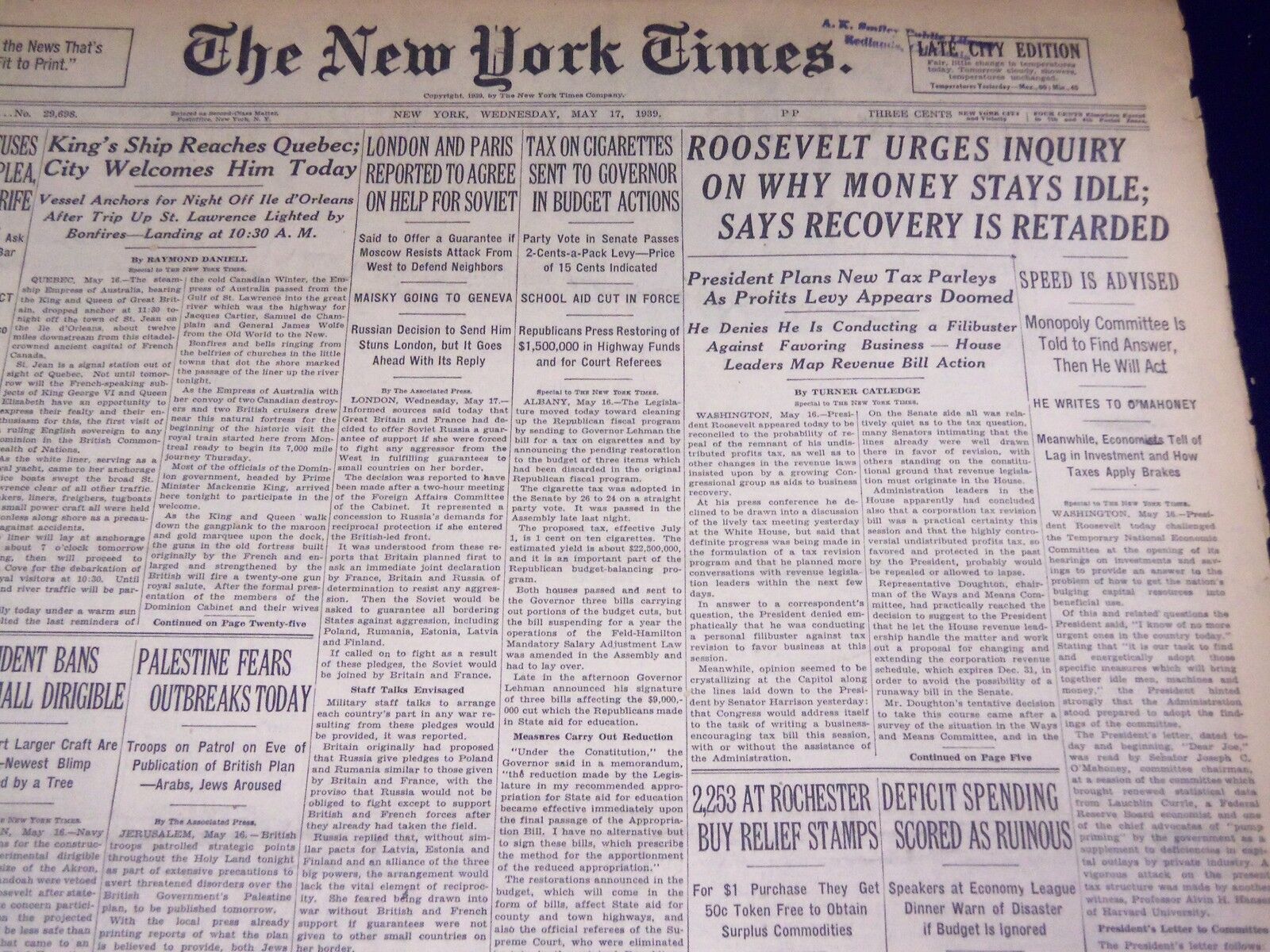1939 MAY 17 NEW YORK TIMES - ROOSEVELT SAYS RECOVERY IS RETARDED - NT 3155