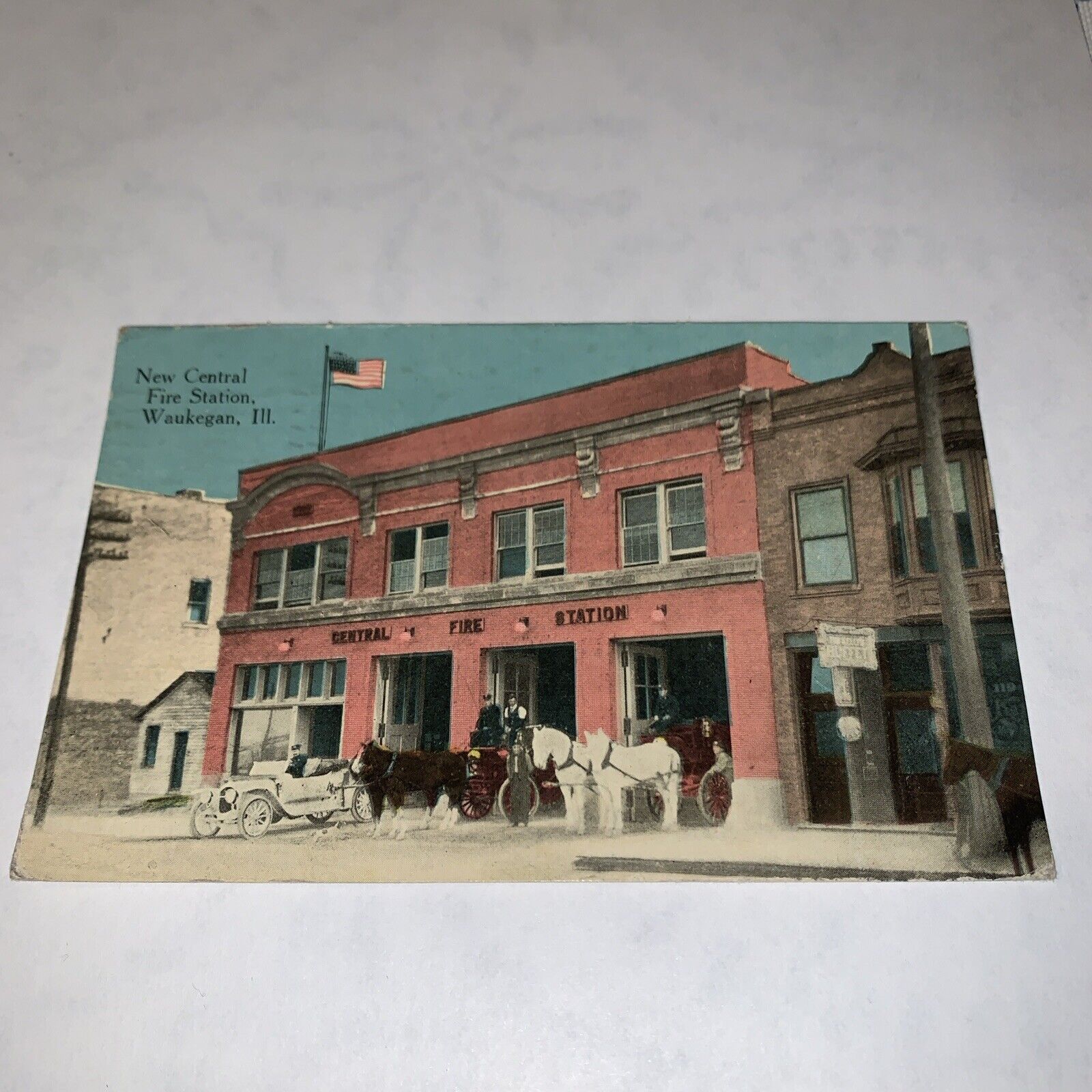Vintage Postcard 1914 New Central Fire Station Waukegan Illinois Car Horses
