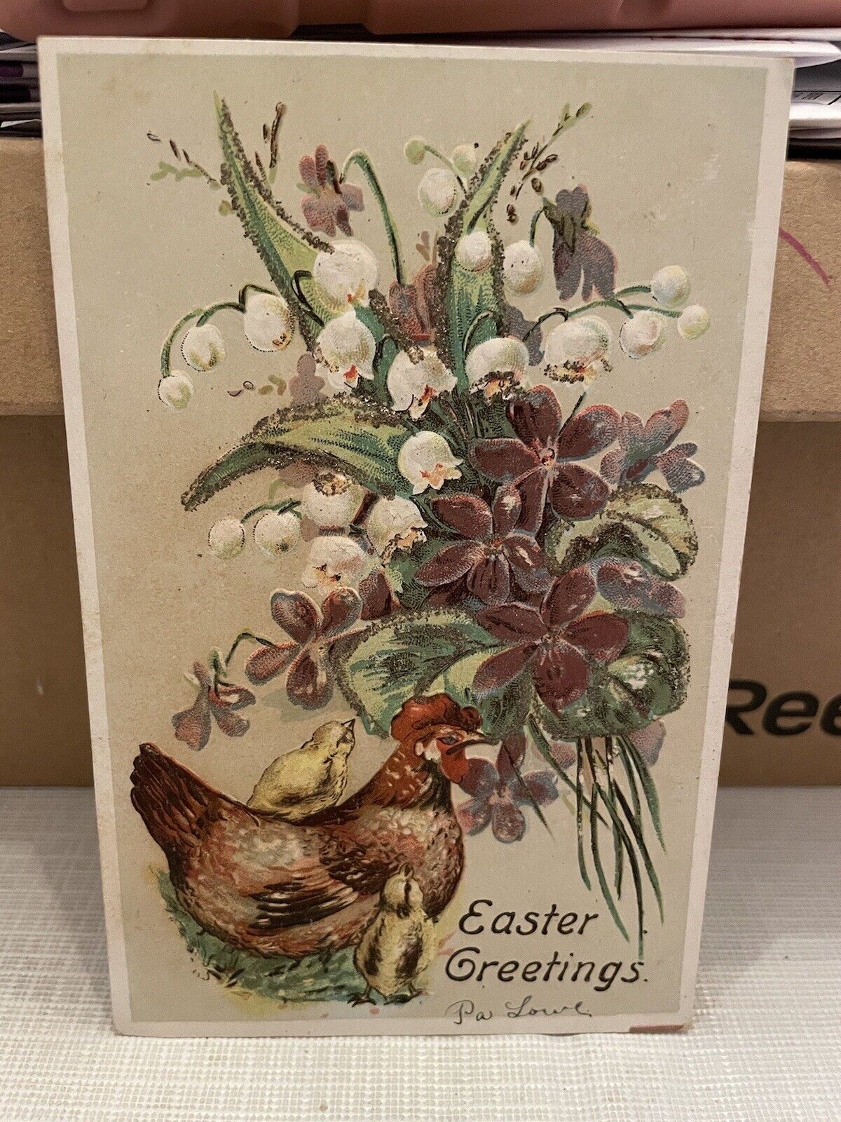 Vtg Postcard Embossed Glitter Easter Greetings Hen & Violets